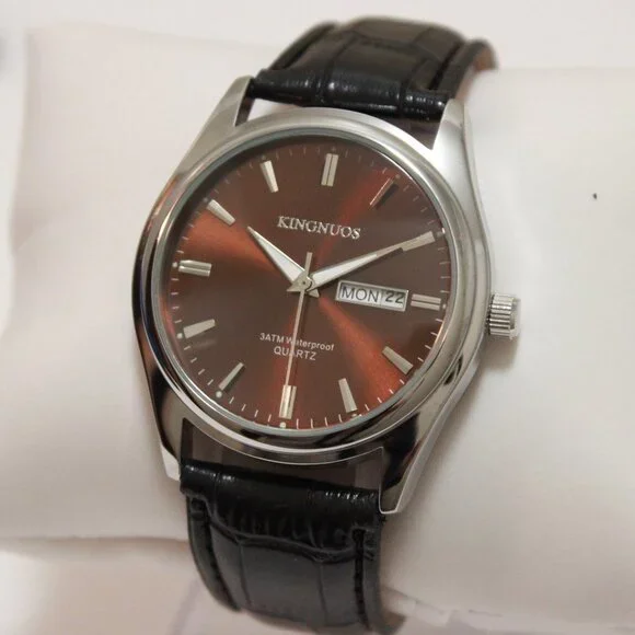 Men's Contemporary Dress Watch Silver Case Black Leather Watch Strap 40mm - Picture 4 of 13